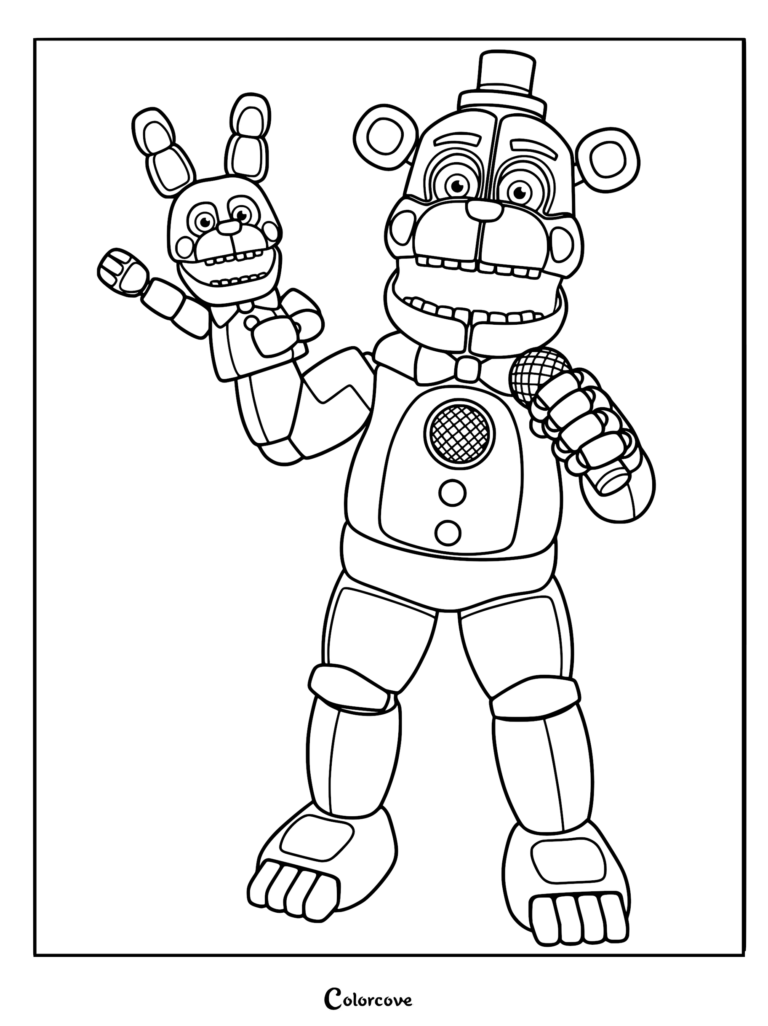 Funtime Freddy holding a microphone and his hand puppet Bon-Bon in this detailed FNAF coloring page.