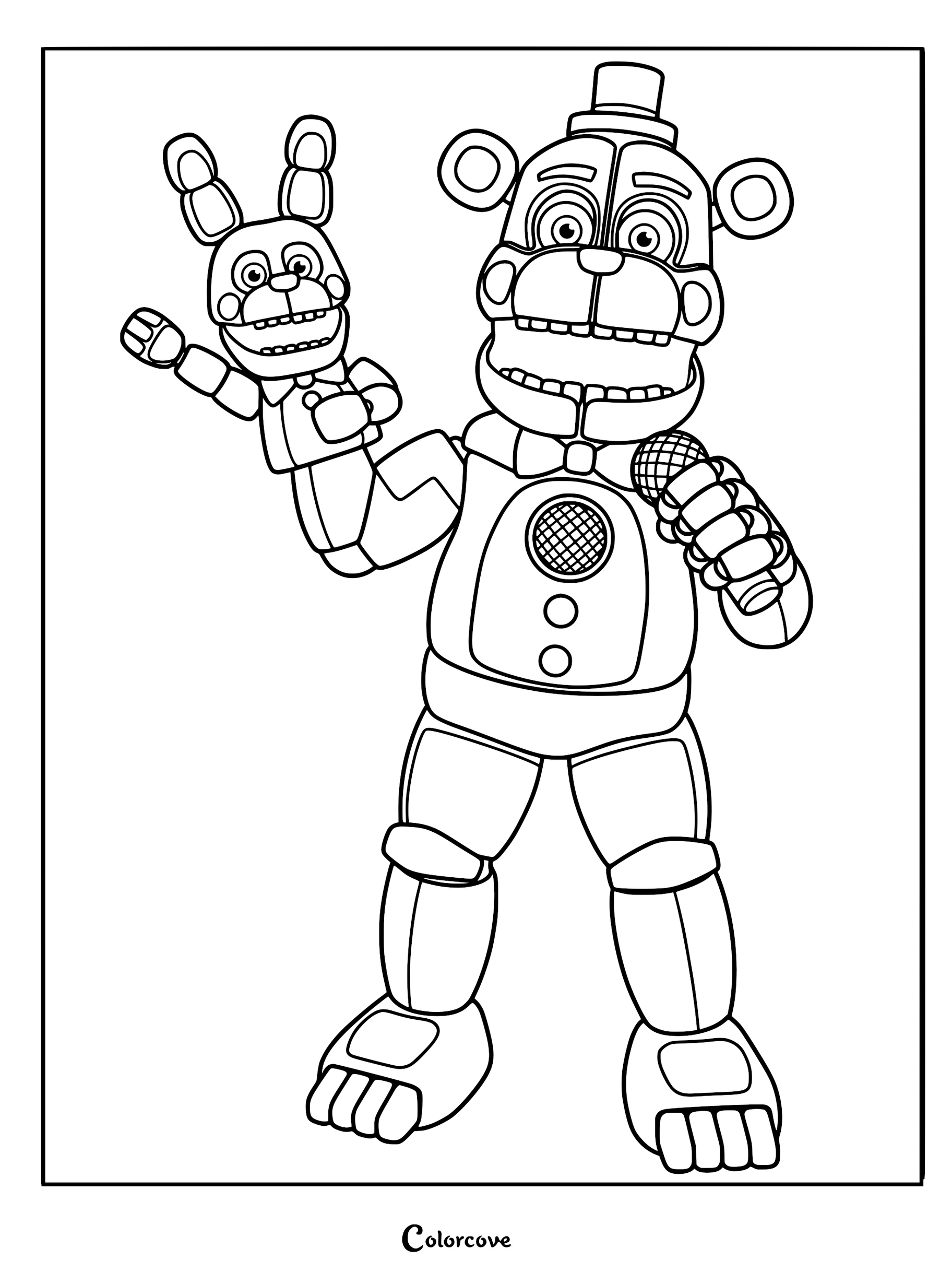 Funtime Freddy holding a microphone and his hand puppet Bon-Bon in this detailed FNAF coloring page.