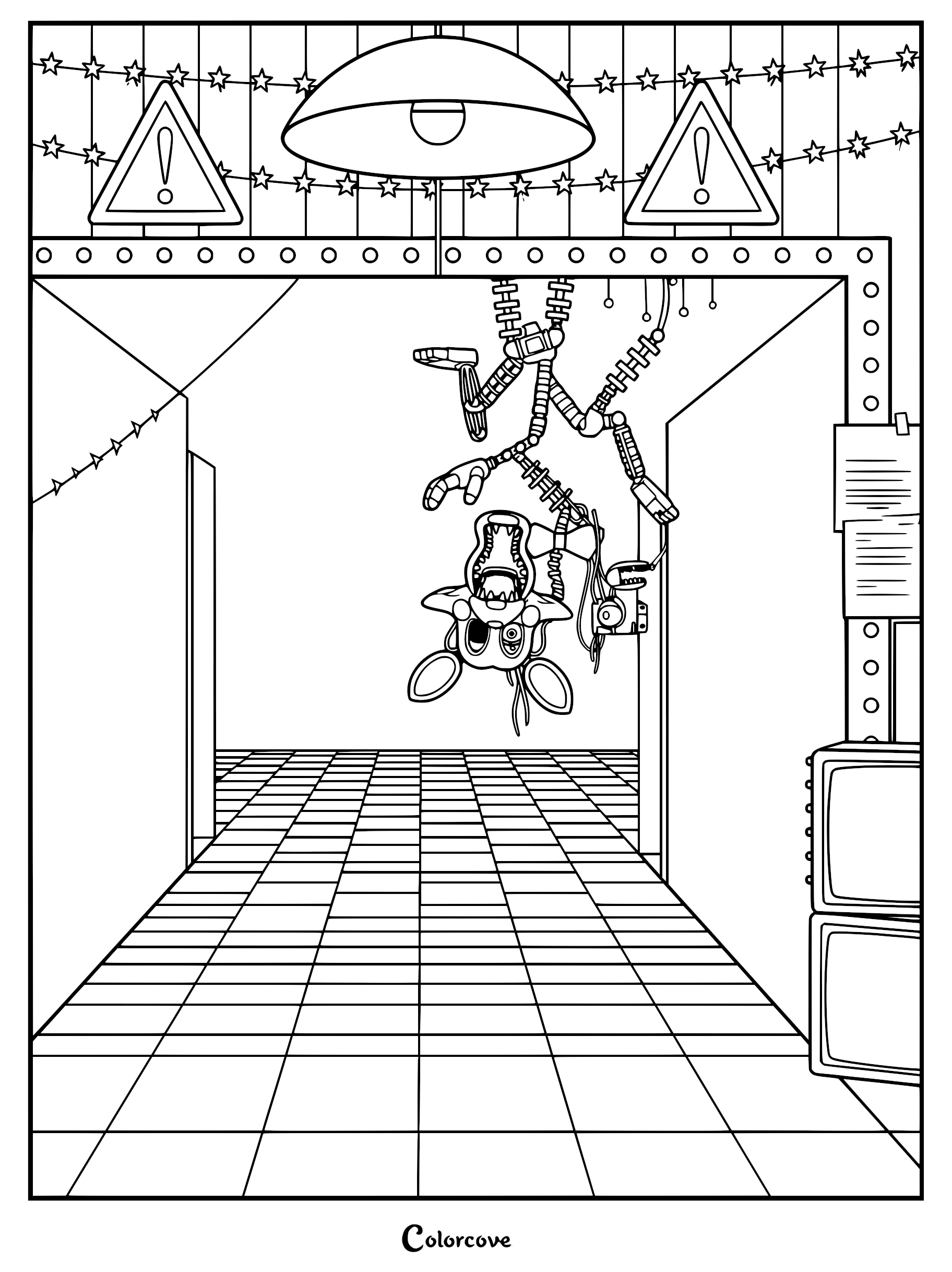 Mangle from Five Nights at Freddy's hanging from the ceiling in a tiled hallway, printable coloring page.