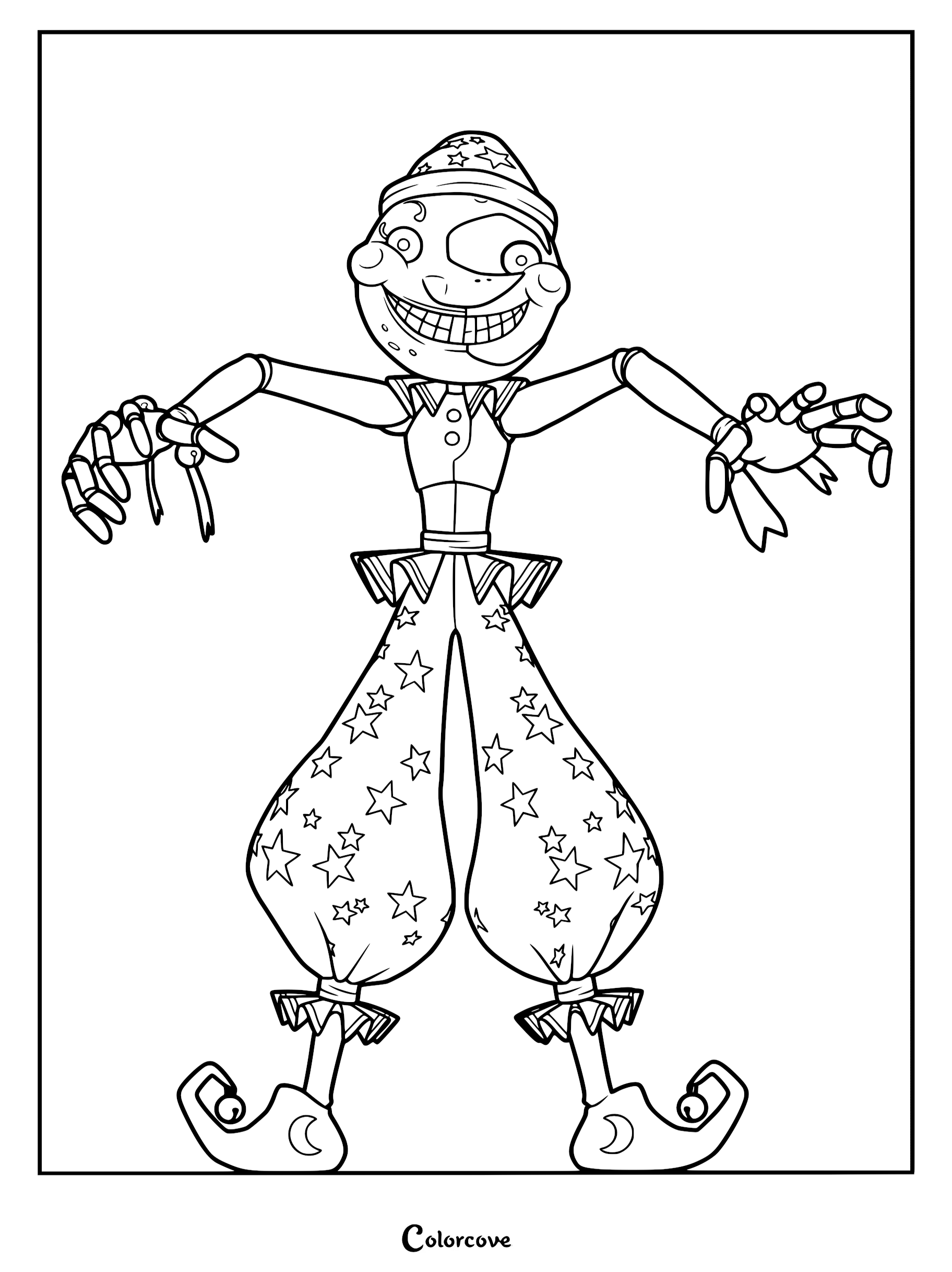 Moondrop from Five Nights at Freddy's Security Breach in a standing pose, wearing a star-patterned jester outfit, available as a printable coloring page.