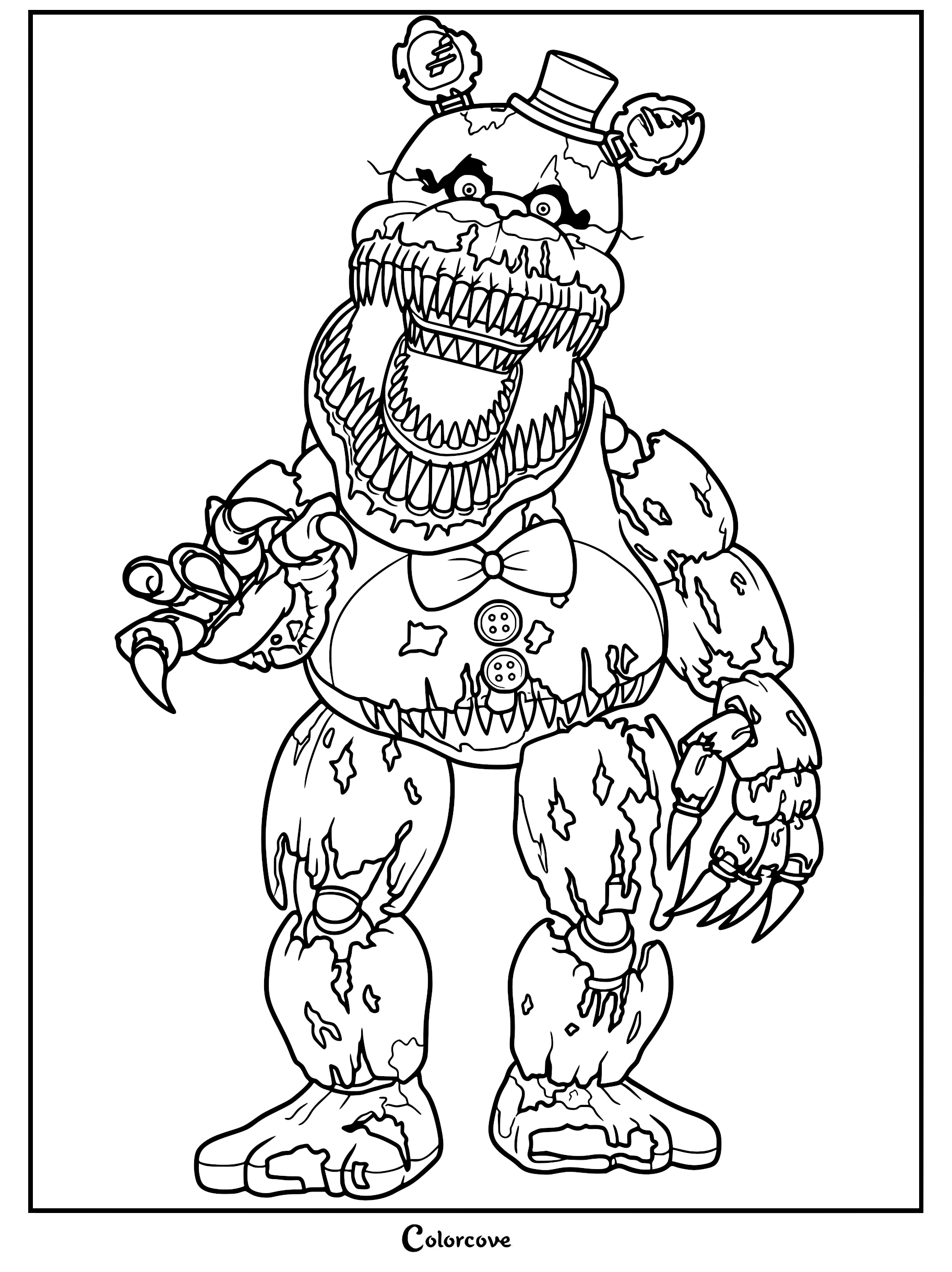 A detailed coloring page of Nightmare Fredbear featuring his signature top hat, bowtie, and rows of sharp, jagged teeth in a tattered, mechanical suit.