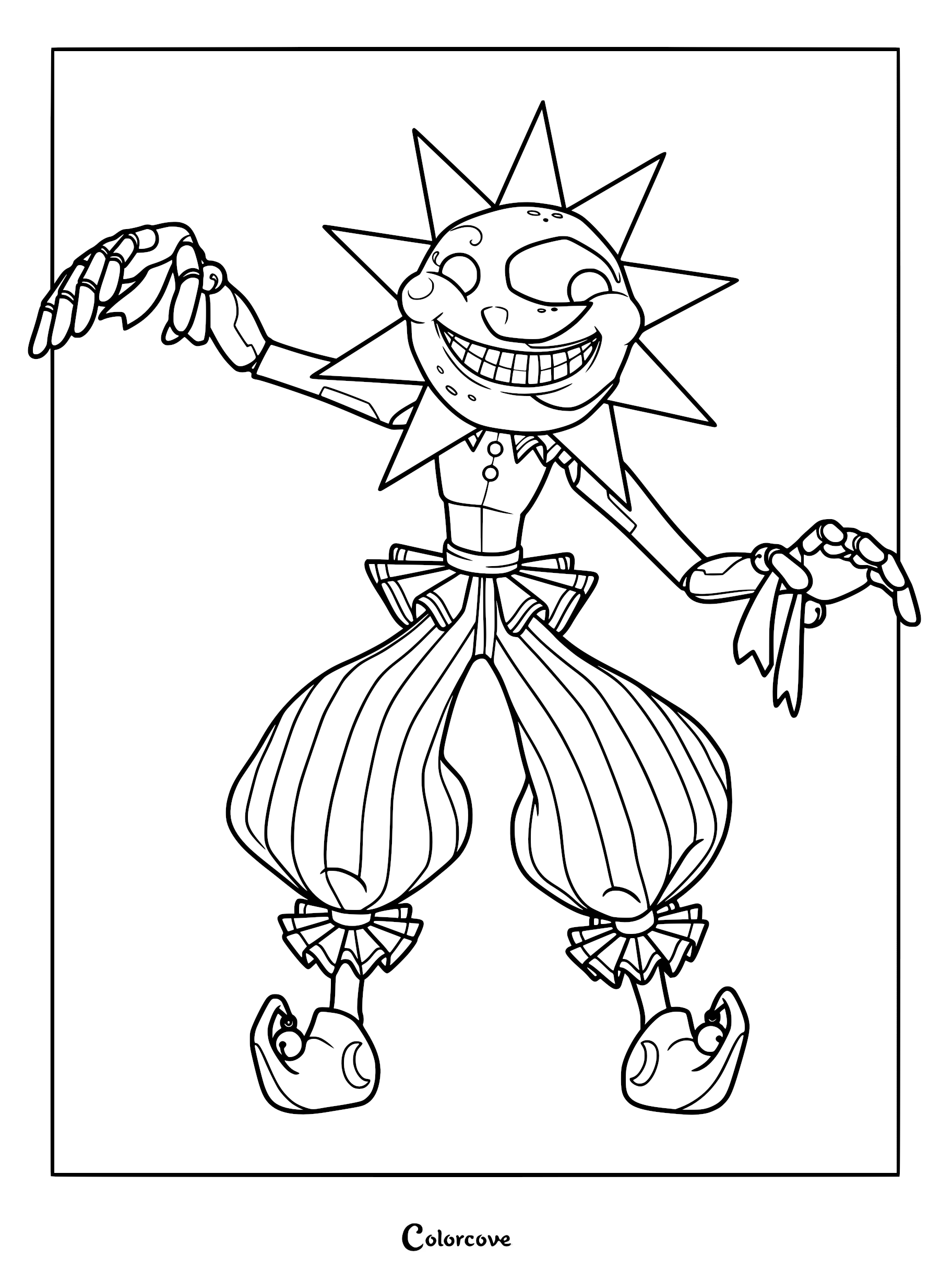 A detailed line art coloring page of Sundrop from Five Nights at Freddy's Security Breach, featuring his iconic sun-ray head, jester-style outfit, and wide, energetic grin.