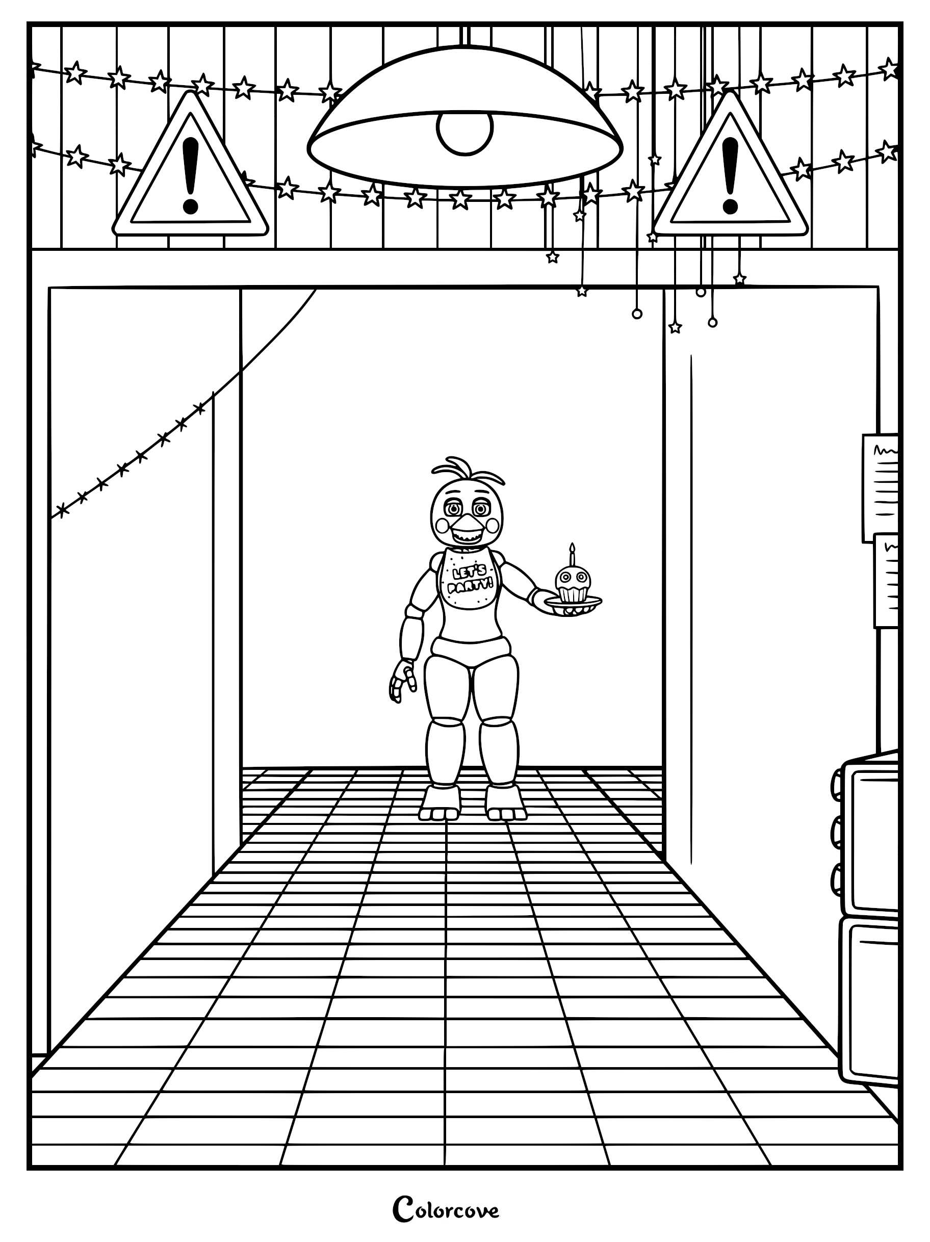 Toy Chica holding her cupcake in a pizzeria hallway, printable coloring page.