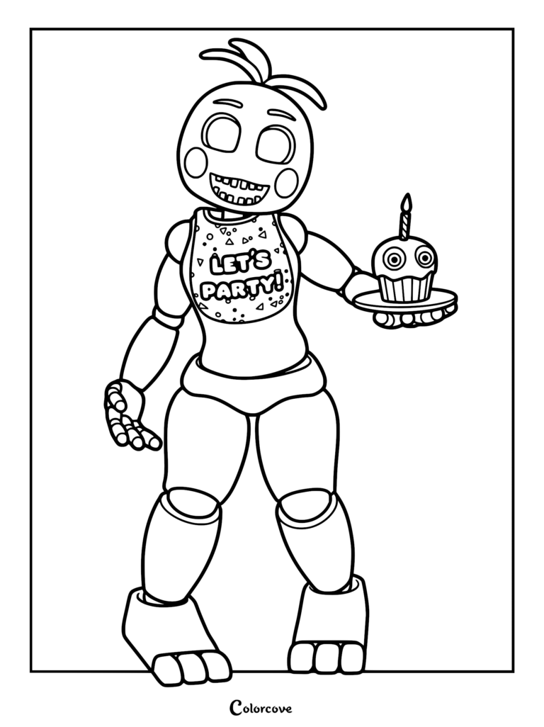 Toy Chica from Five Nights at Freddy's holding a cupcake on a plate, presented as a clean line art coloring page.