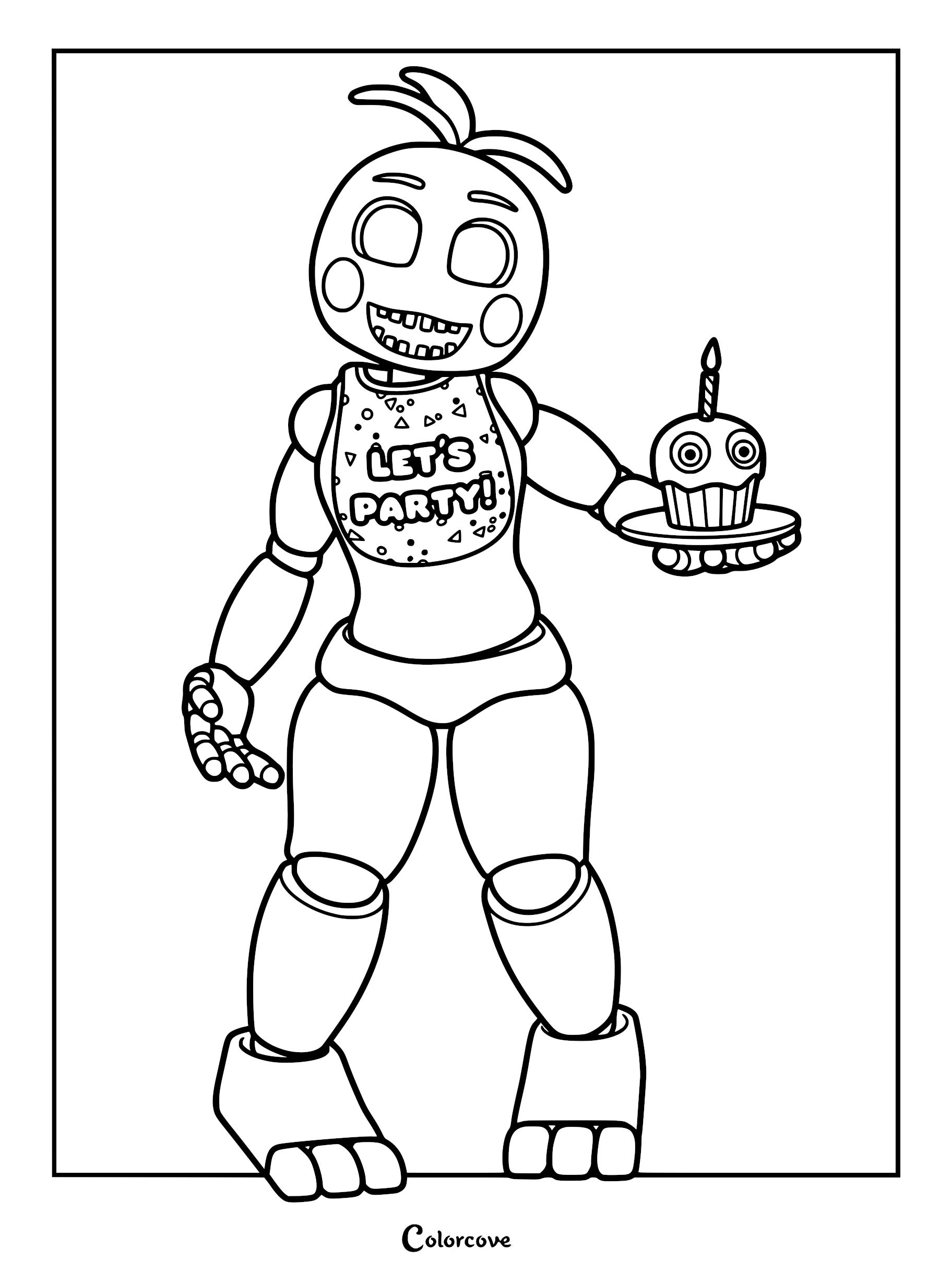 Toy Chica from Five Nights at Freddy's holding a cupcake on a plate, presented as a clean line art coloring page.