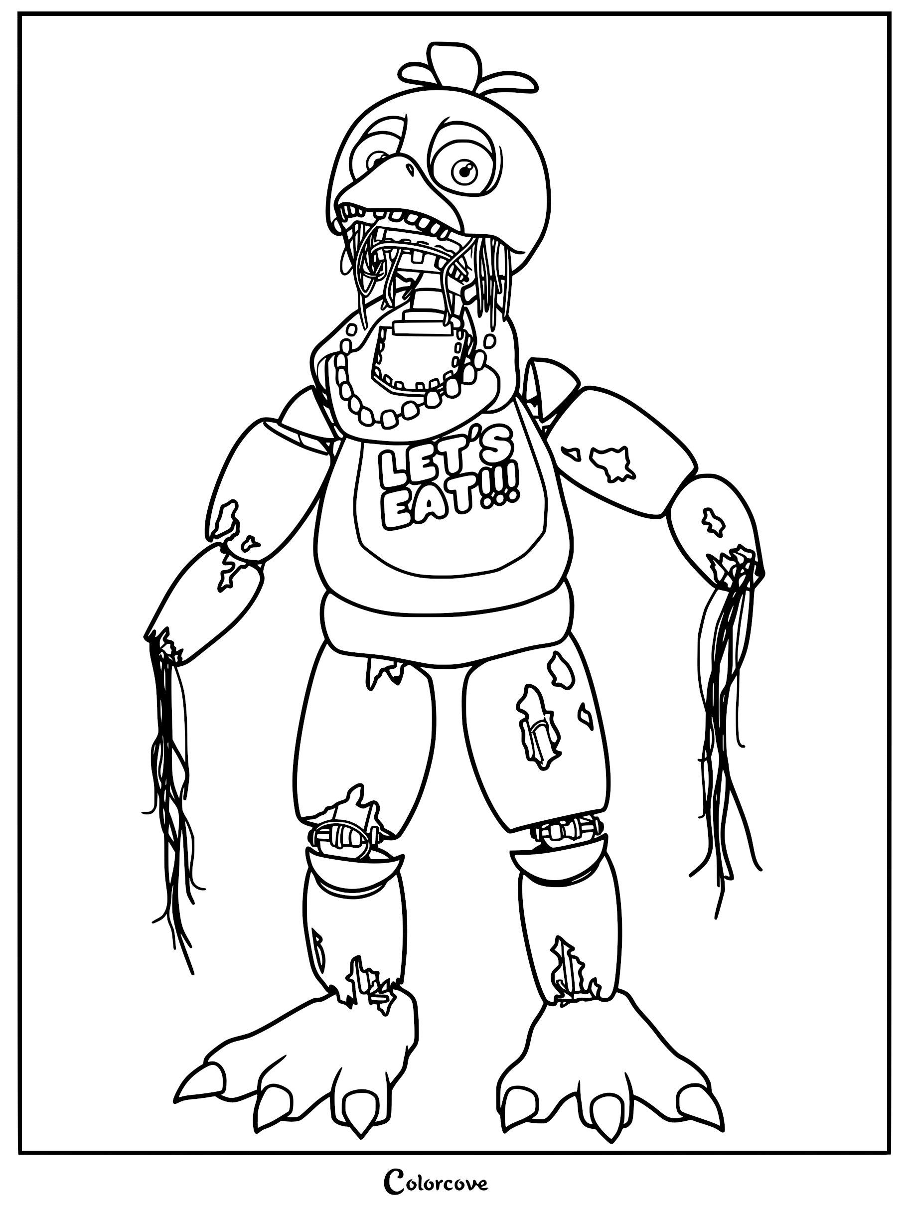 A detailed coloring page of Withered Chica from Five Nights at Freddy's, showing her damaged suit, exposed endoskeleton wires, and missing hands.