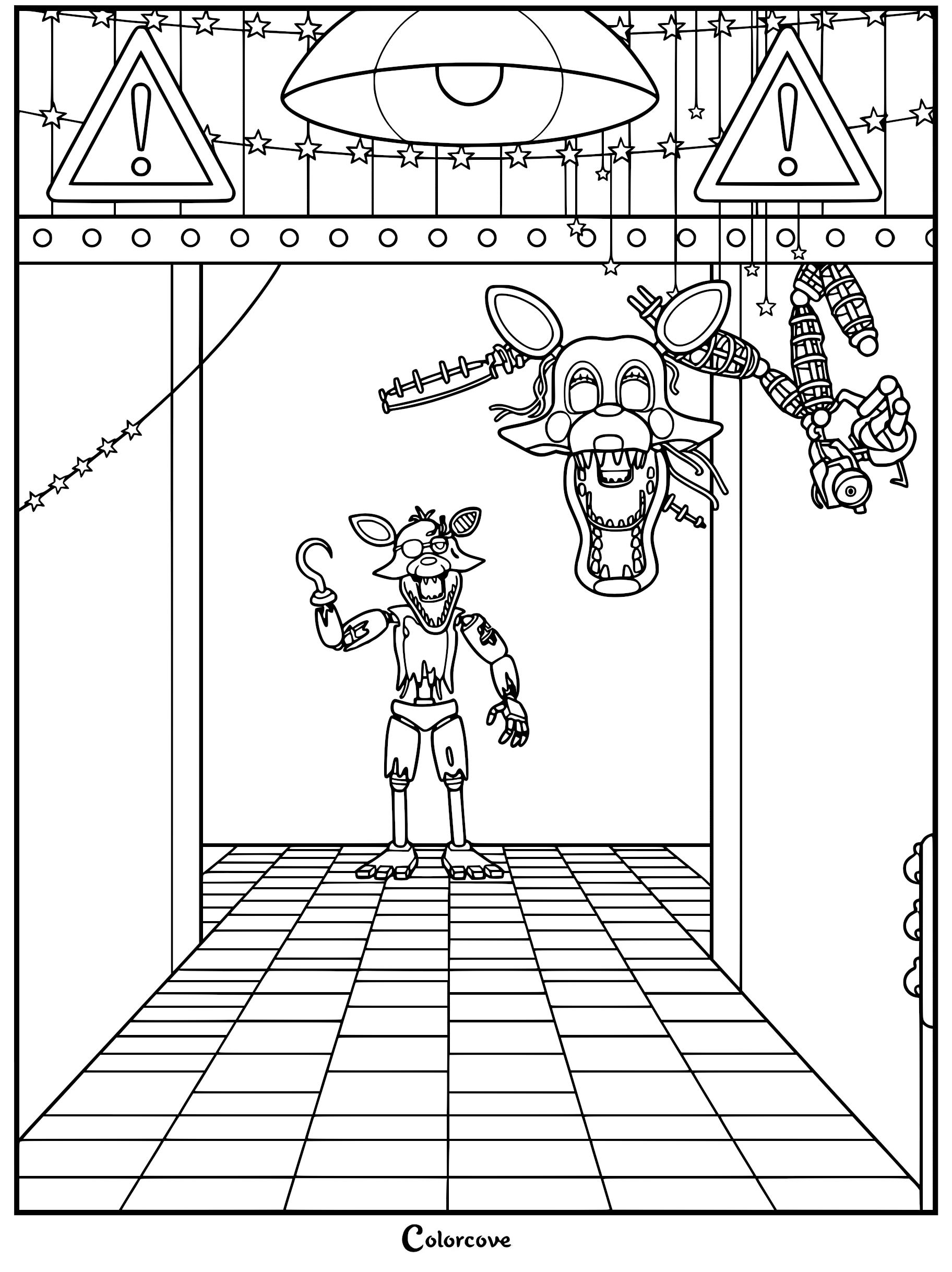 A detailed coloring page featuring Withered Foxy standing in a hallway with Mangle hanging from the ceiling above.