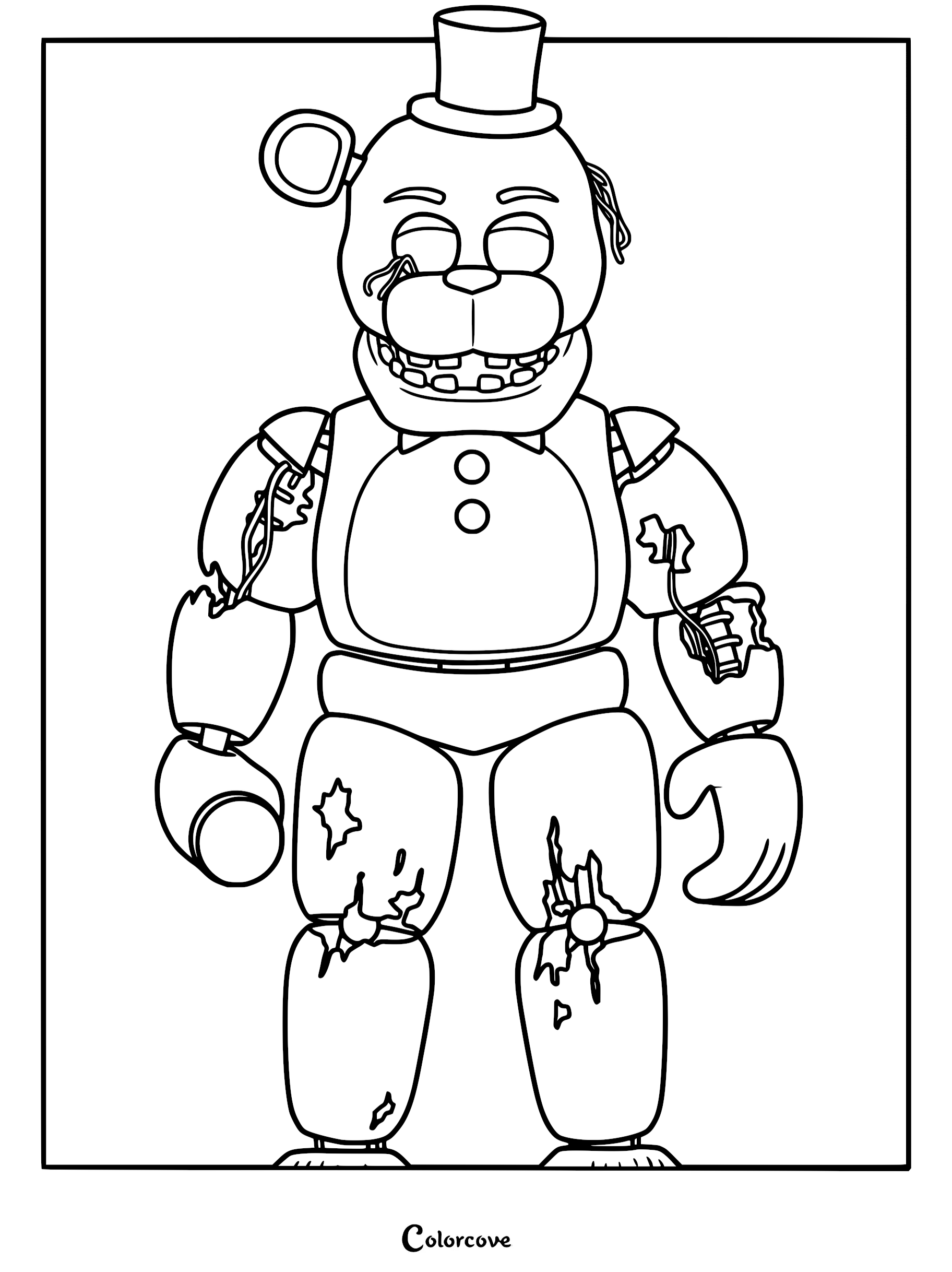 A detailed line art coloring page of Withered Golden Freddy from Five Nights at Freddy's, showing his damaged suit, missing ear, and exposed endoskeleton wires.