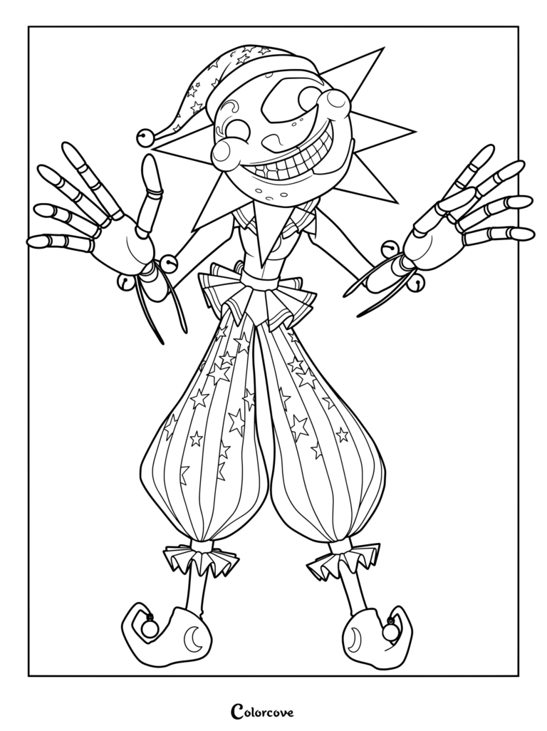 Eclipse the fused Sun and Moon animatronic coloring page with a split face design, jester hat, spiked collar, and star-patterned pants with arms outstretched