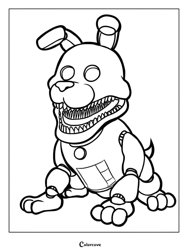 Fetch the robotic dog coloring page featuring the mechanical canine with sharp teeth and floppy ears