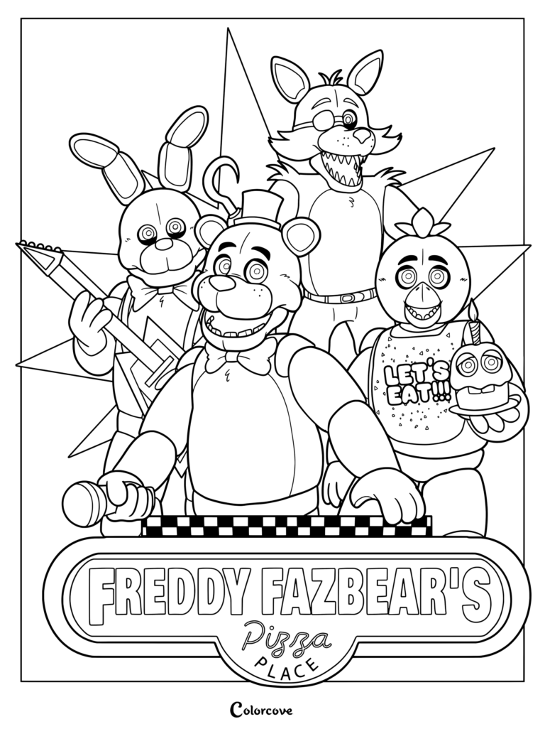 Freddy Fazbear Pizza coloring page featuring Freddy Fazbear, Bonnie, Foxy, and Chica together.