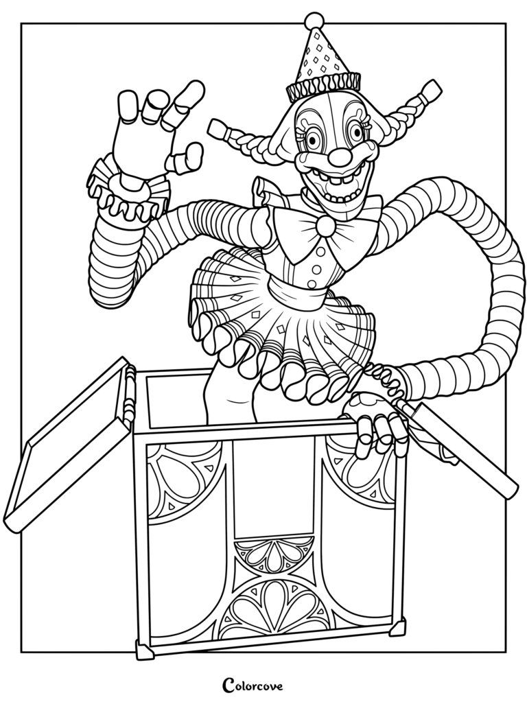 Jackie the Jack in the Box emerging from a decorated box in this printable coloring page.