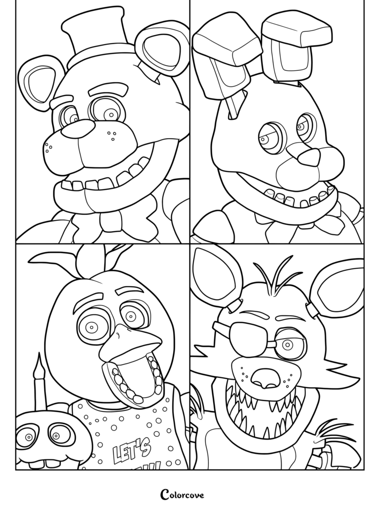 Printable coloring page featuring the original four main animatronic characters from the horror video game franchise Five Nights at Freddy's