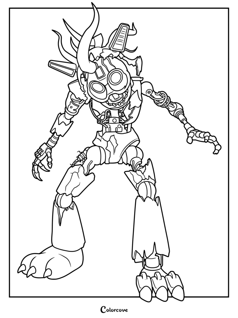 Ruined Roxanne Wolf line art coloring page showing damaged endoskeleton and torn plating