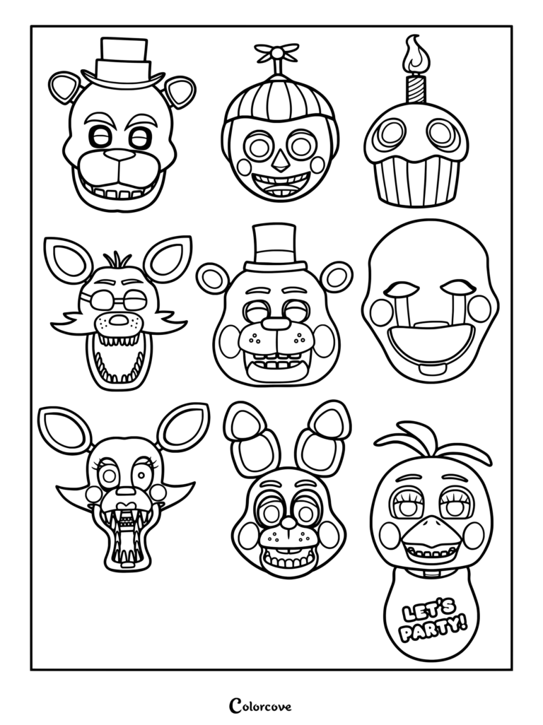 Printable coloring page of stickers and cutouts featuring animatronics from the Five Nights at Freddy's series
