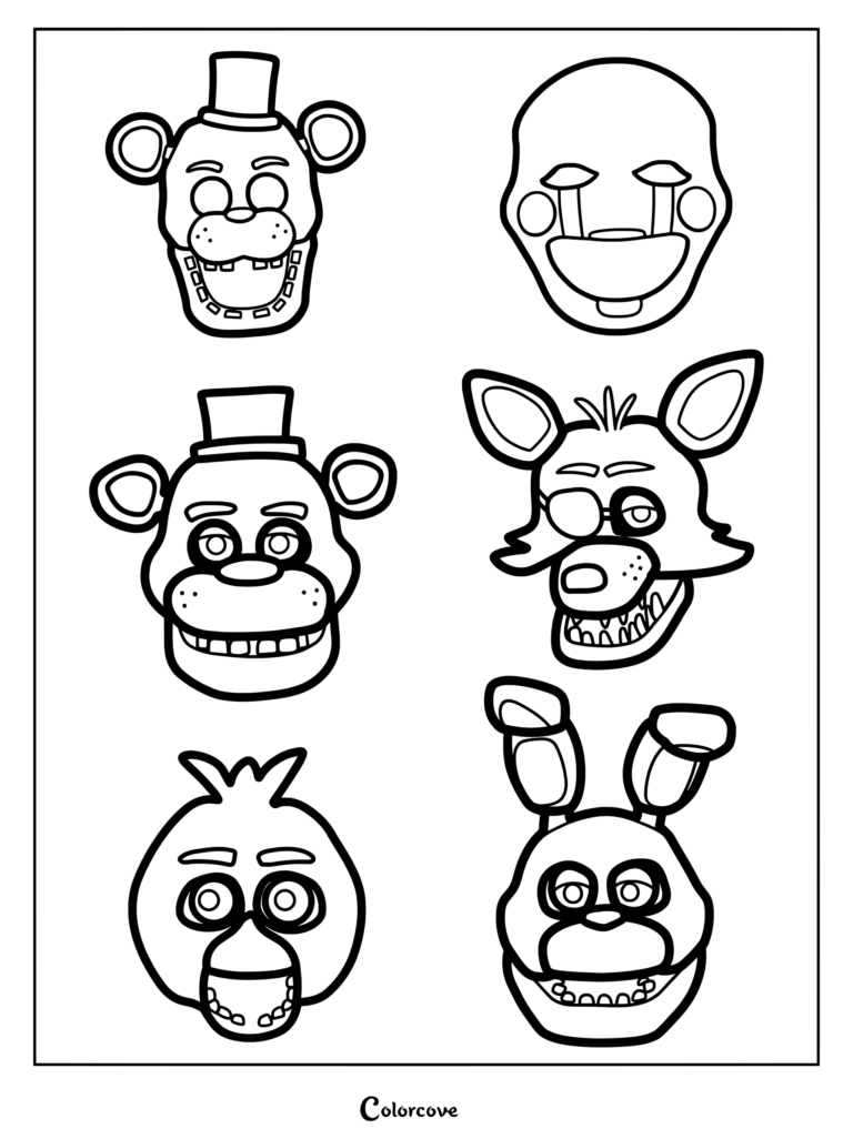Printable coloring page featuring a sheet of cartoon character face stickers from Five Nights at Freddy's, including Golden Freddy and the Puppet on the top row, and Freddy Fazbear and Foxy the Pirate on the middle row.