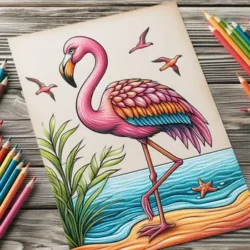 Coloring page of a vibrant flamingo by the beach, surrounded by flying birds, plants, a starfish, and colorful pencils on the side.