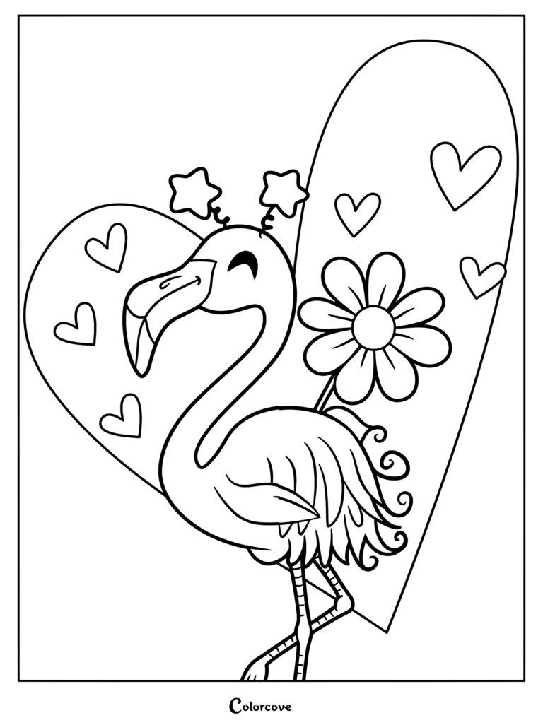 A cute flamingo wearing star-shaped glasses standing in front of a large heart, holding a daisy flower, line art coloring page.