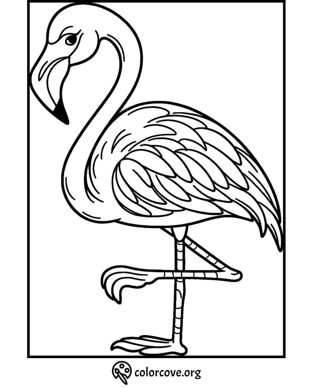 Flamingo coloring page outline for kids and adults, printable and ready to color. Coloring activity from ColorCove.org.