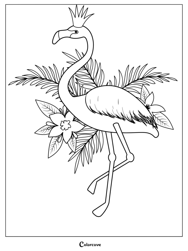 A printable coloring page featuring a flamingo wearing a crown surrounded by tropical palm leaves and hibiscus flowers.