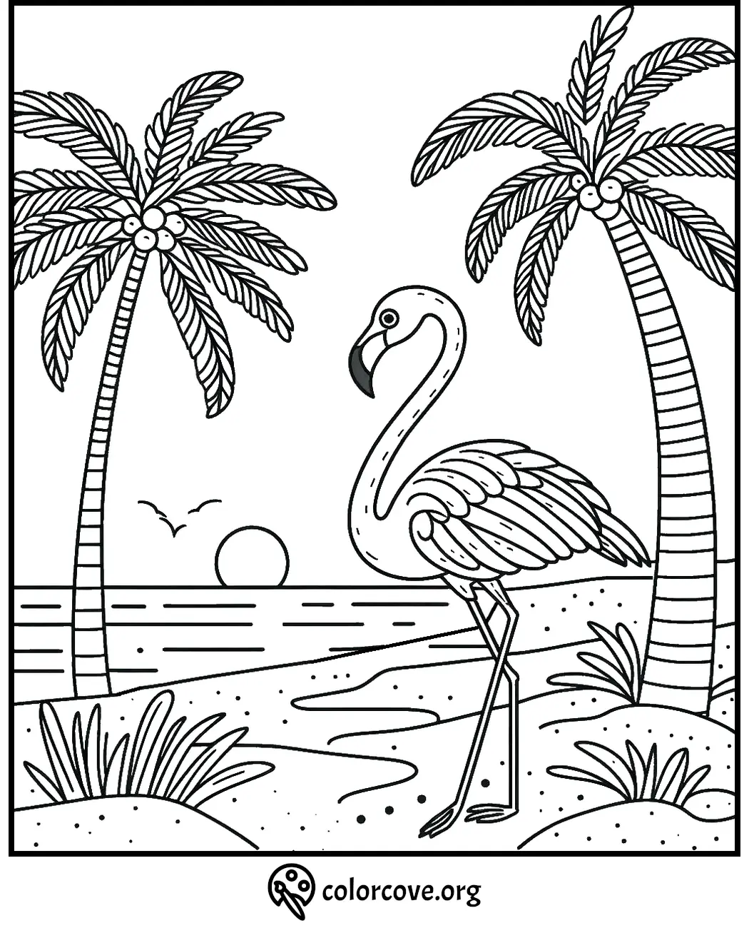 Coloring page with a flamingo standing on a tropical beach with palm trees, a sunset, and birds in the background.