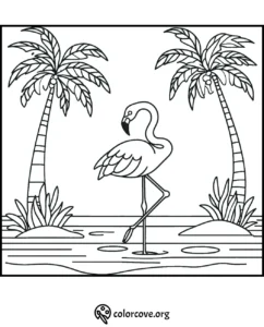 Coloring page with a flamingo standing in water between two palm trees. Perfect tropical scene for kids to color.