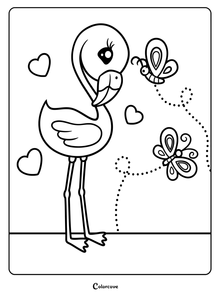A cute flamingo with long eyelashes looking at two butterflies with dotted flight paths on a coloring page with heart shapes.