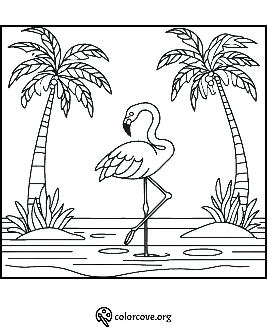 Coloring page with a flamingo standing in water between two palm trees. Perfect tropical scene for kids to color.