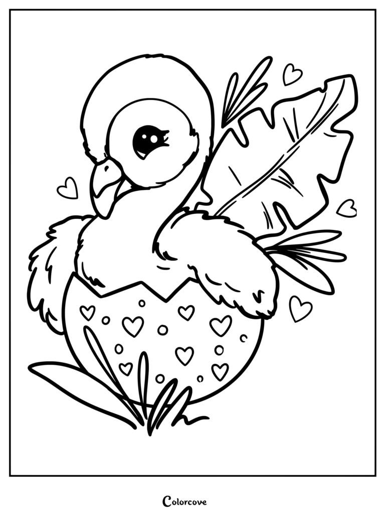 Cute baby flamingo hatching from a heart-patterned egg surrounded by tropical leaves, line art coloring page.