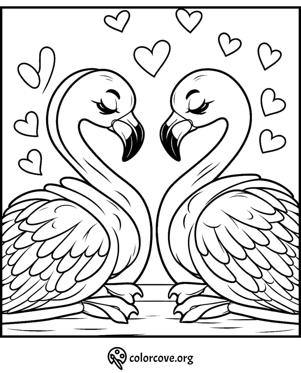 Two flamingos facing each other with hearts around them, coloring page for kids. Ideal for Valentine's Day activities.