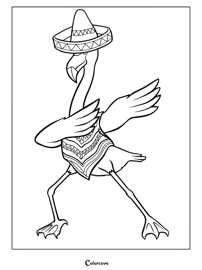 A flamingo dabbing while wearing a patterned poncho and a sombrero in this printable coloring page.