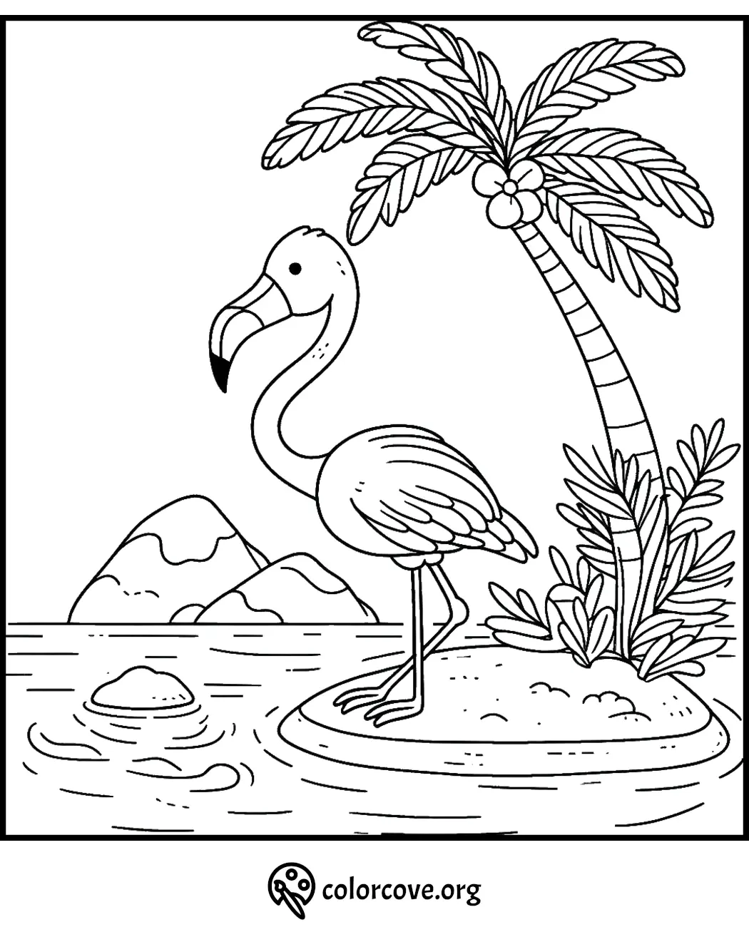 Flamingo coloring page with palm tree and tropical scene. Perfect for kids' activities and creativity.