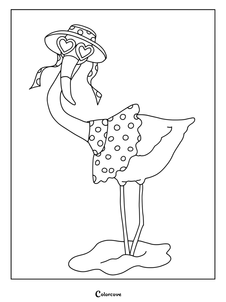 A stylish flamingo wearing a polka dot dress, sun hat, and heart-shaped sunglasses in this printable coloring page.