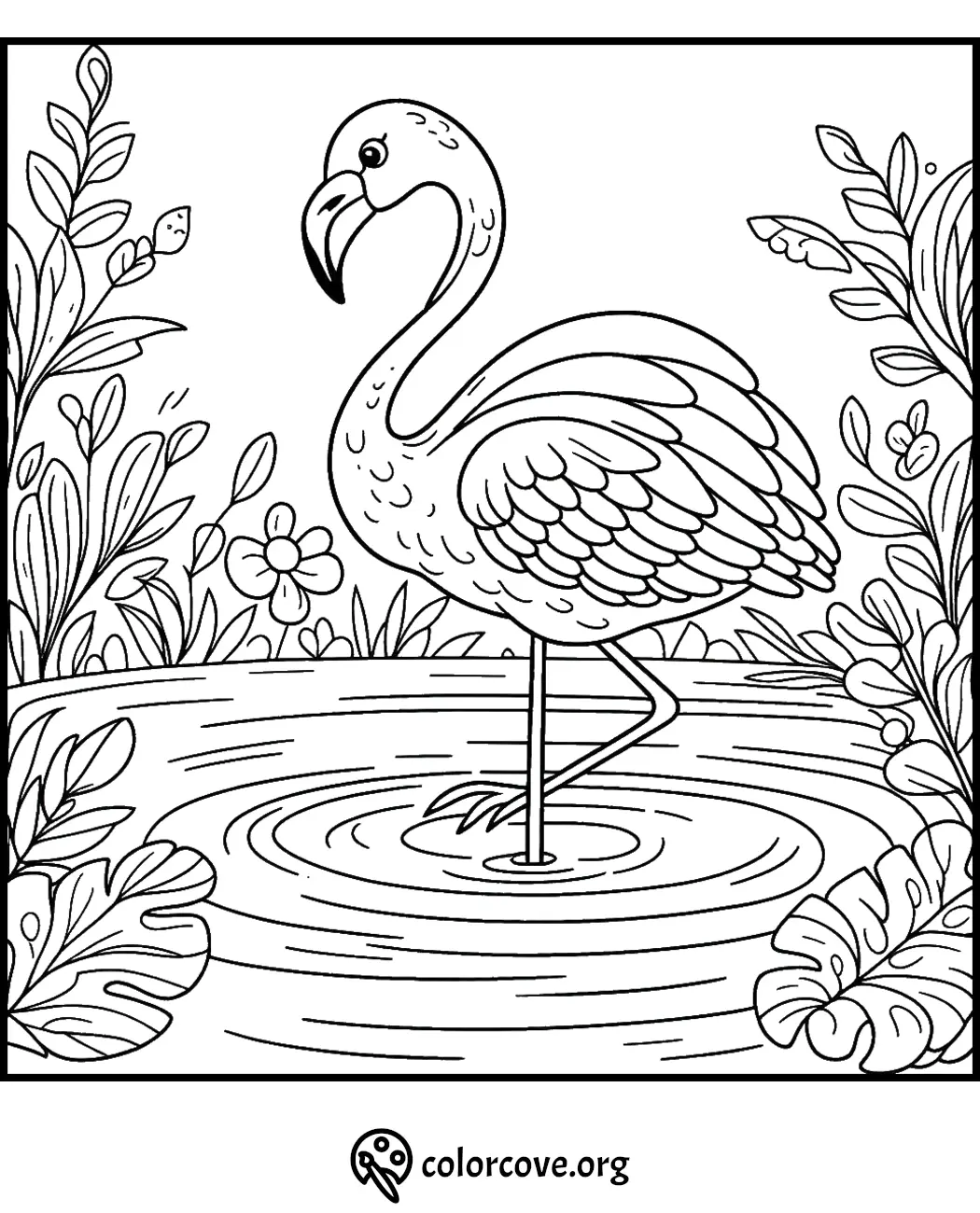 Flamingo coloring page with flowers and plants. Coloring pages for kids and adults. Nature-inspired black and white illustration.