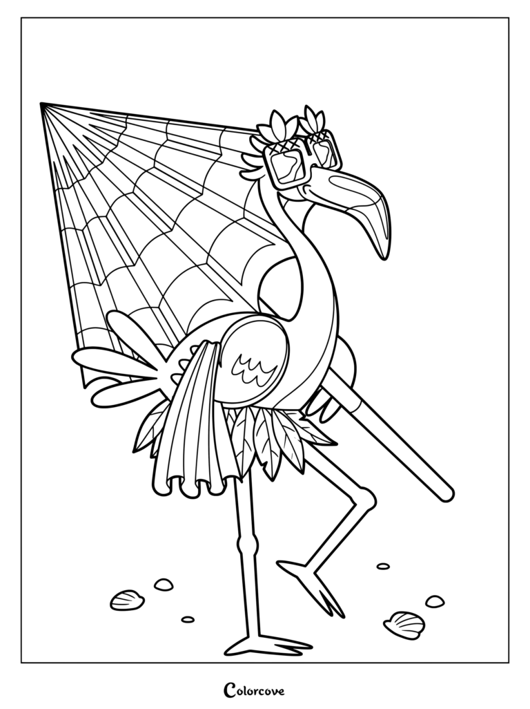 A flamingo wearing sunglasses and a tropical leaf crown holding a large beach umbrella, printable coloring page.