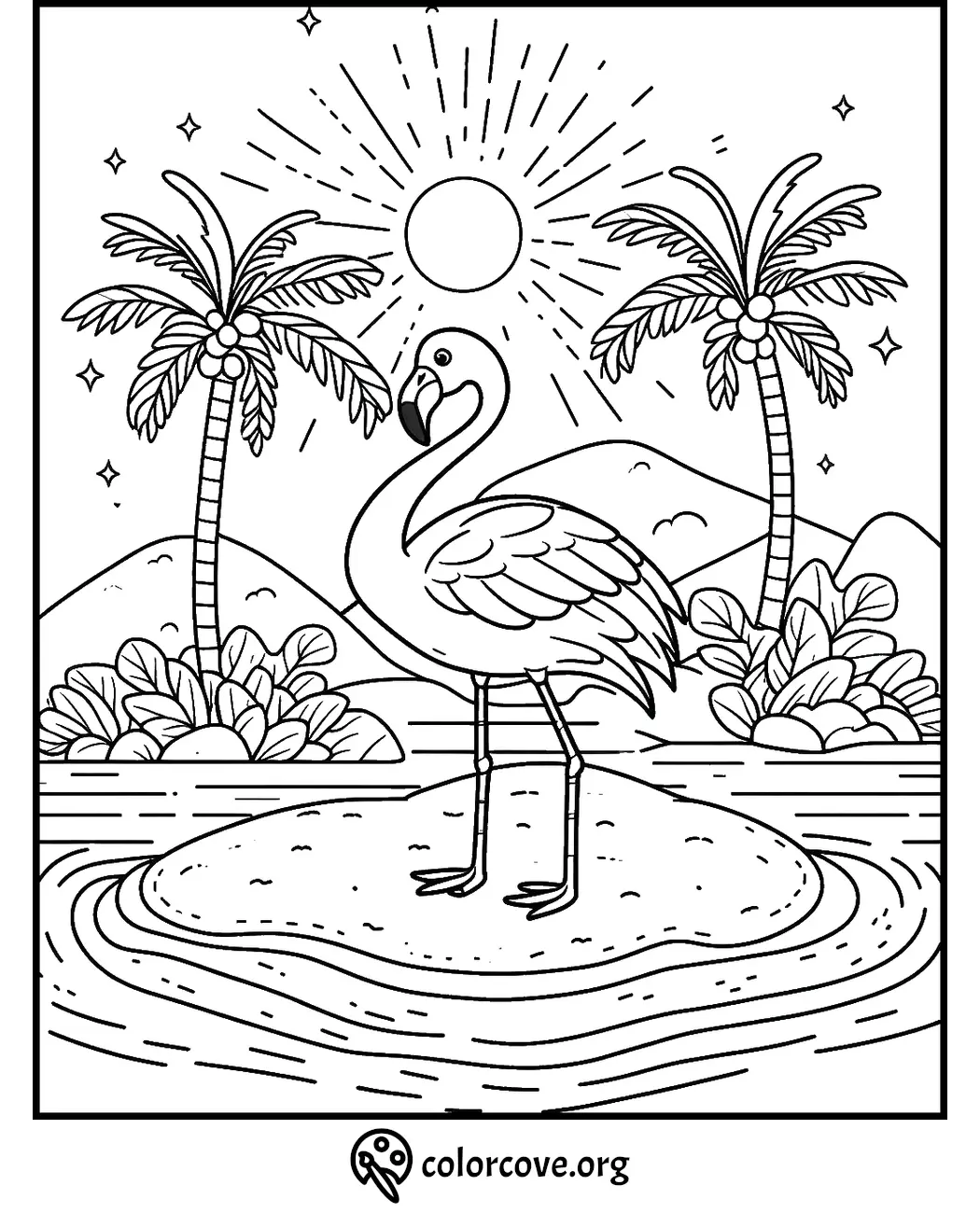 Flamingo on a tropical island coloring page with two palm trees and a sunlit sky background from colorcove.org.