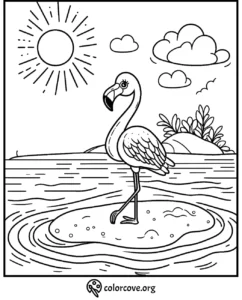 Flamingo coloring page with sun, clouds, and tropical scenery. Perfect for kids' activities and educational fun.