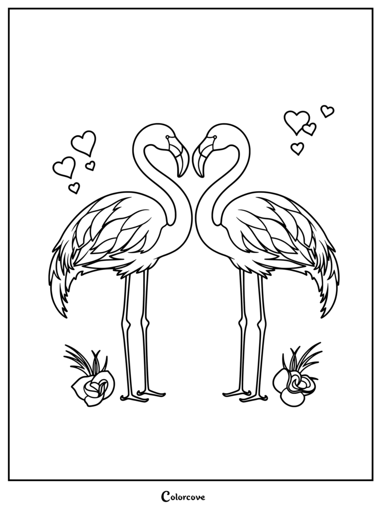 Two flamingos facing each other with necks forming a heart shape, surrounded by floating hearts and flowers, line art coloring page.