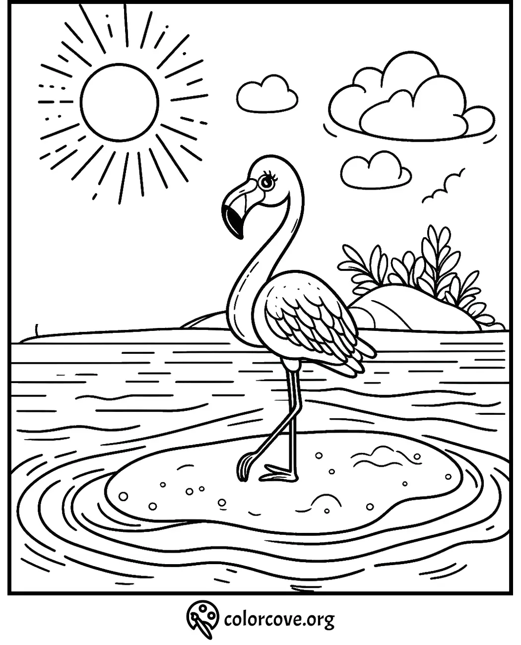 Flamingo coloring page with sun, clouds, and tropical scenery. Perfect for kids' activities and educational fun.