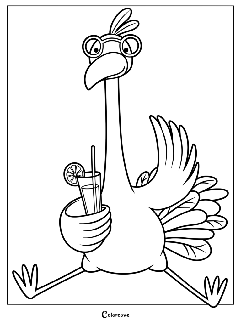 A cartoon flamingo wearing round glasses and holding a glass of lemonade with a straw and lemon slice, line art coloring page.
