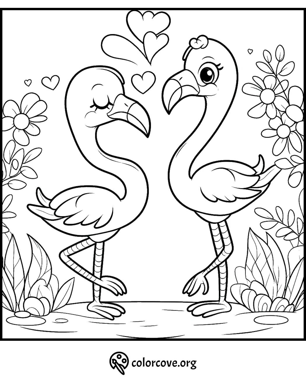 Two cute flamingos with hearts and flowers coloring page for kids by colorcove.org, perfect for fun and relaxation.