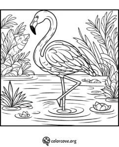 Coloring page featuring a standing flamingo in a pond surrounded by lush vegetation and floating lily pads.