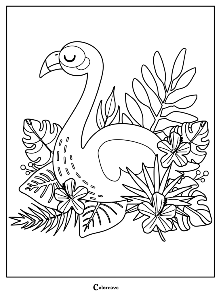 A cute flamingo with closed eyes surrounded by tropical hibiscus flowers and palm leaves in this printable coloring page.