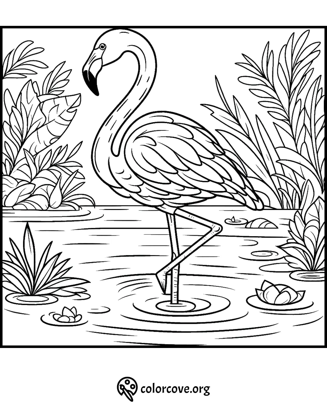 Coloring page featuring a standing flamingo in a pond surrounded by lush vegetation and floating lily pads.