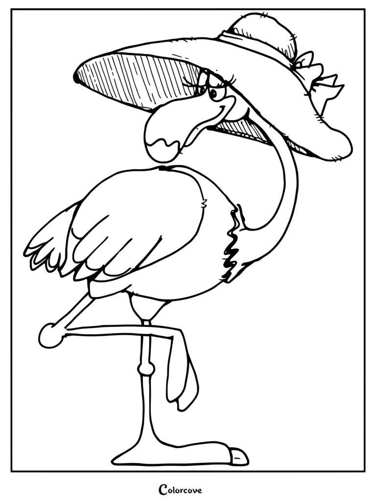 A cartoon flamingo wearing a wide-brimmed sun hat with a bow, standing on one leg, printable coloring page.