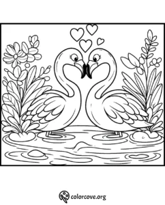 Coloring page of two cute flamingos facing each other with hearts above, surrounded by flowers and plants.