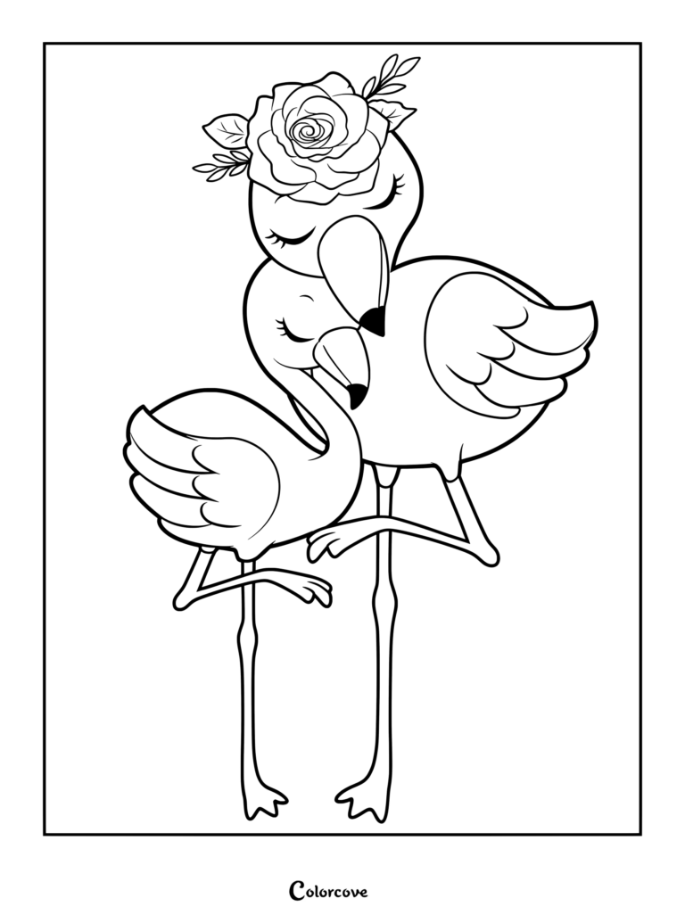 Two cute flamingos cuddling with eyes closed, one wearing a large rose flower crown, black and white line art coloring page.