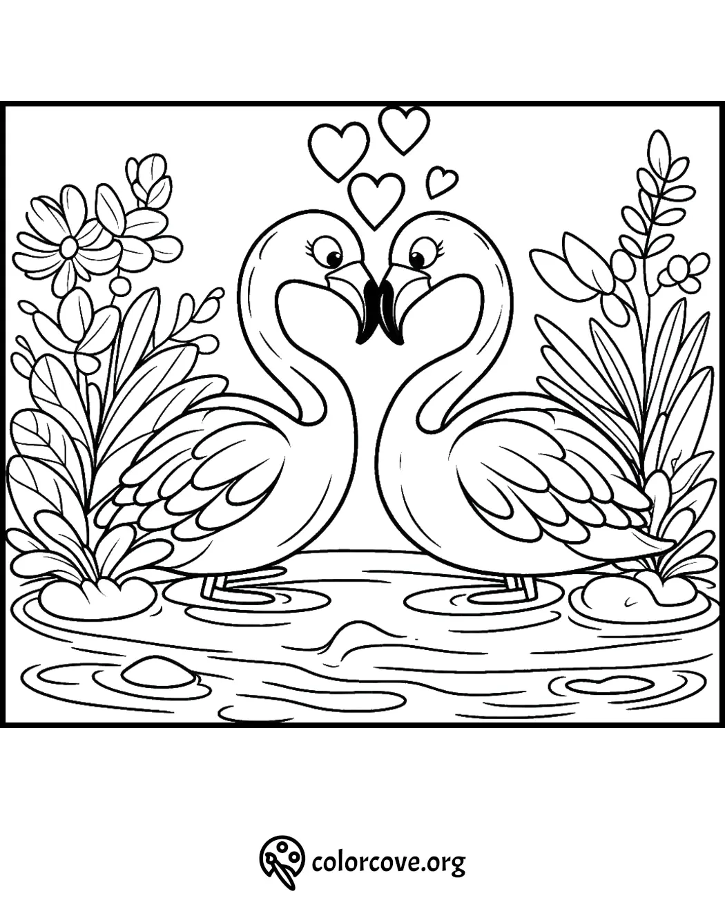 Coloring page of two cute flamingos facing each other with hearts above, surrounded by flowers and plants.