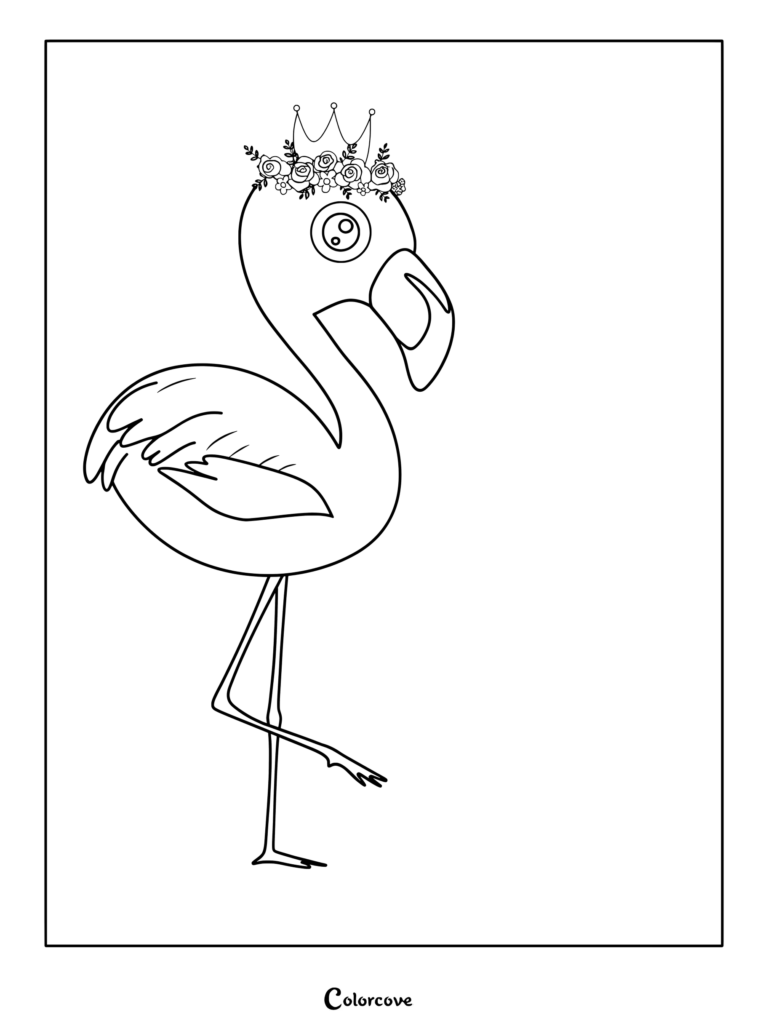 A simple line art coloring page of a flamingo wearing a crown decorated with small roses.