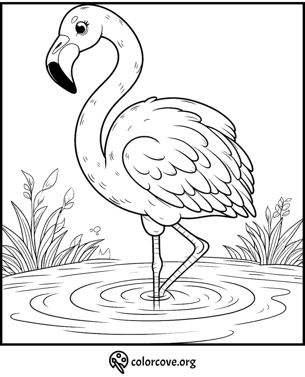 Flamingo coloring page for kids featuring a beautiful flamingo standing in water with plants in the background.